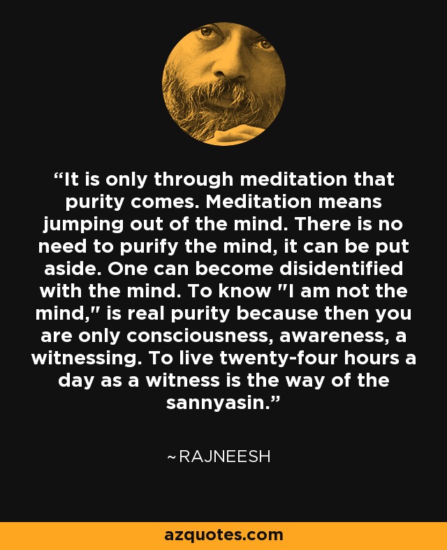 It is only through meditation that purity comes. Meditation means jumping out of the mind. There is no need to purify the mind, it can be put aside. One can become disidentified with the mind. To know 