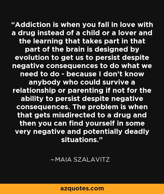 Addiction is when you fall in love with a drug instead of a child or a lover and the learning that takes part in that part of the brain is designed by evolution to get us to persist despite negative consequences to do what we need to do - because I don't know anybody who could survive a relationship or parenting if not for the ability to persist despite negative consequences. The problem is when that gets misdirected to a drug and then you can find yourself in some very negative and potentially deadly situations. - Maia Szalavitz