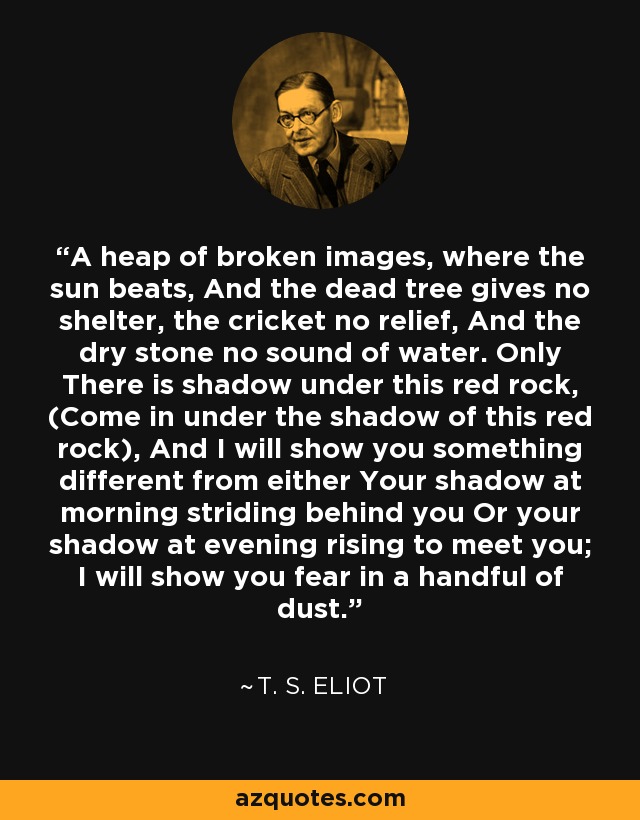 A heap of broken images, where the sun beats, And the dead tree gives no shelter, the cricket no relief, And the dry stone no sound of water. Only There is shadow under this red rock, (Come in under the shadow of this red rock), And I will show you something different from either Your shadow at morning striding behind you Or your shadow at evening rising to meet you; I will show you fear in a handful of dust. - T. S. Eliot