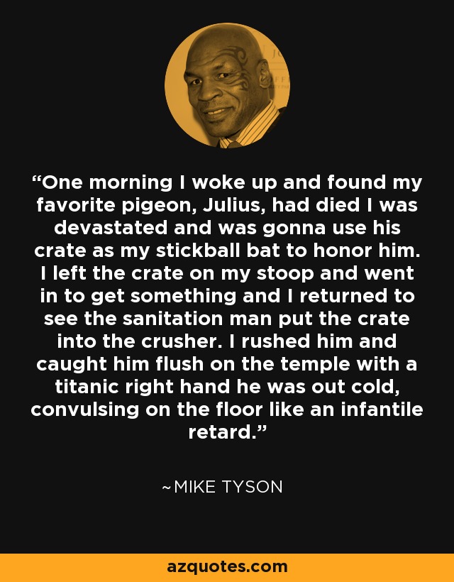 One morning I woke up and found my favorite pigeon, Julius, had died I was devastated and was gonna use his crate as my stickball bat to honor him. I left the crate on my stoop and went in to get something and I returned to see the sanitation man put the crate into the crusher. I rushed him and caught him flush on the temple with a titanic right hand he was out cold, convulsing on the floor like an infantile retard. - Mike Tyson