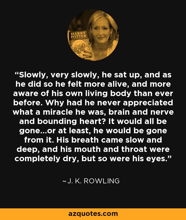 Slowly, very slowly, he sat up, and as he did so he felt more alive, and more aware of his own living body than ever before. Why had he never appreciated what a miracle he was, brain and nerve and bounding heart? It would all be gone...or at least, he would be gone from it. His breath came slow and deep, and his mouth and throat were completely dry, but so were his eyes. - J. K. Rowling