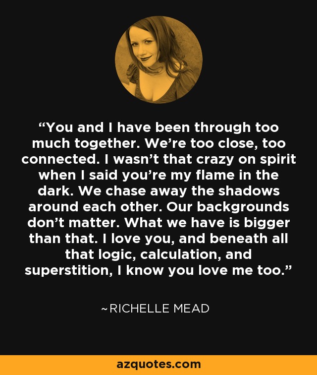 You and I have been through too much together. We're too close, too connected. I wasn't that crazy on spirit when I said you're my flame in the dark. We chase away the shadows around each other. Our backgrounds don't matter. What we have is bigger than that. I love you, and beneath all that logic, calculation, and superstition, I know you love me too. - Richelle Mead