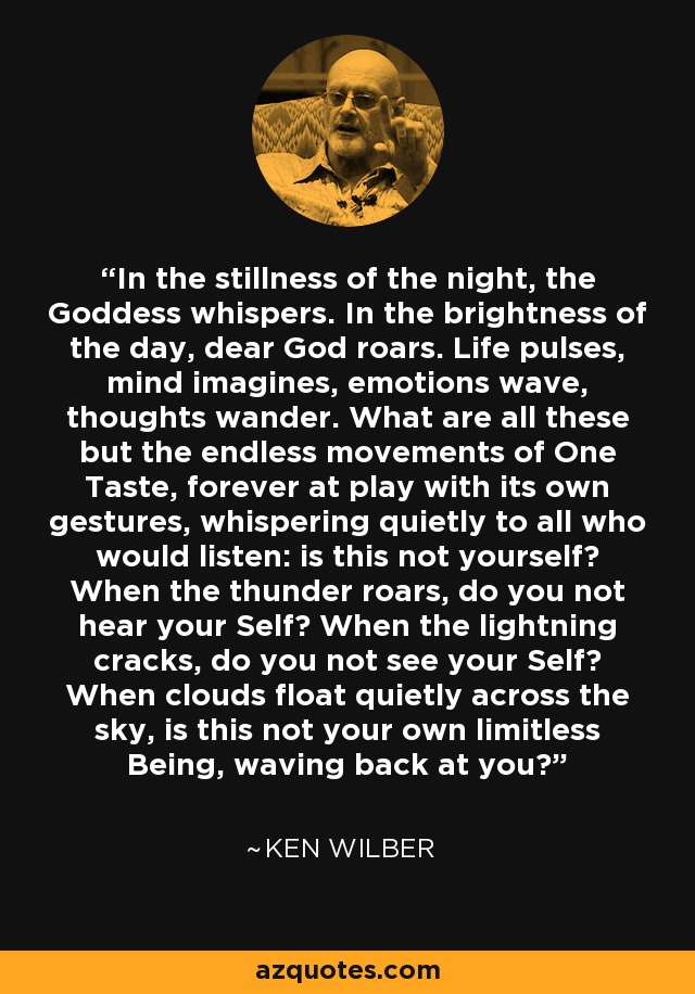 In the stillness of the night, the Goddess whispers. In the brightness of the day, dear God roars. Life pulses, mind imagines, emotions wave, thoughts wander. What are all these but the endless movements of One Taste, forever at play with its own gestures, whispering quietly to all who would listen: is this not yourself? When the thunder roars, do you not hear your Self? When the lightning cracks, do you not see your Self? When clouds float quietly across the sky, is this not your own limitless Being, waving back at you? - Ken Wilber