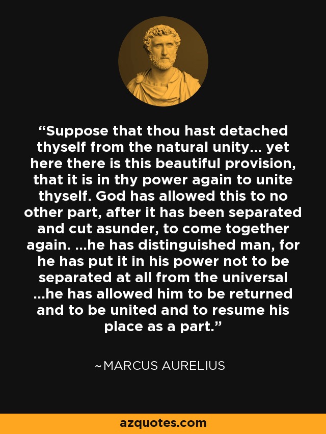 Suppose that thou hast detached thyself from the natural unity... yet here there is this beautiful provision, that it is in thy power again to unite thyself. God has allowed this to no other part, after it has been separated and cut asunder, to come together again. ...he has distinguished man, for he has put it in his power not to be separated at all from the universal ...he has allowed him to be returned and to be united and to resume his place as a part. - Marcus Aurelius