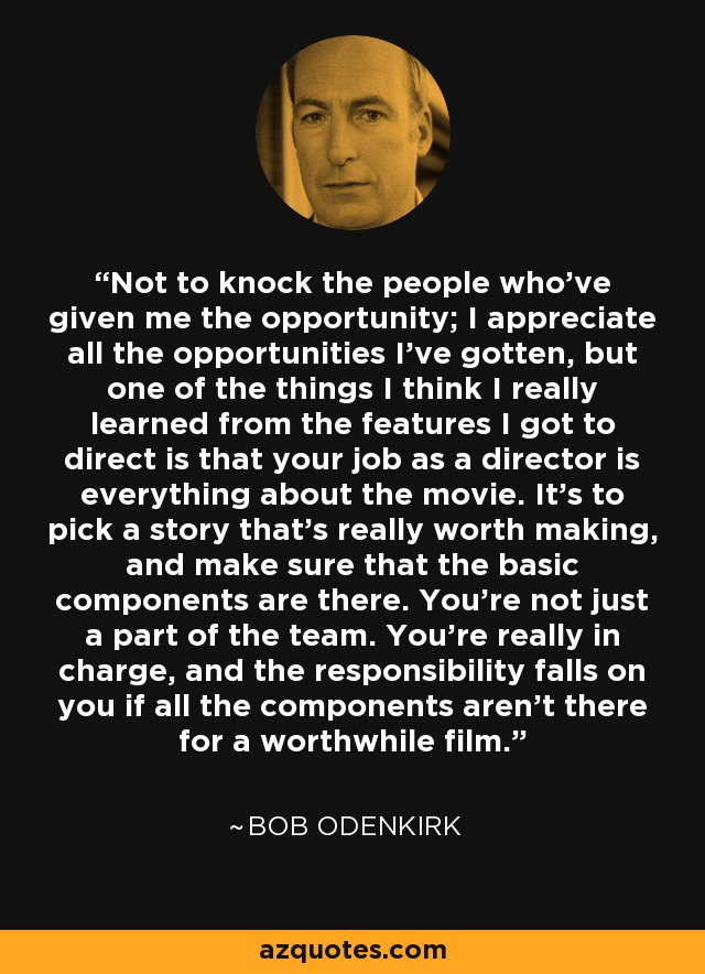 Not to knock the people who've given me the opportunity; I appreciate all the opportunities I've gotten, but one of the things I think I really learned from the features I got to direct is that your job as a director is everything about the movie. It's to pick a story that's really worth making, and make sure that the basic components are there. You're not just a part of the team. You're really in charge, and the responsibility falls on you if all the components aren't there for a worthwhile film. - Bob Odenkirk