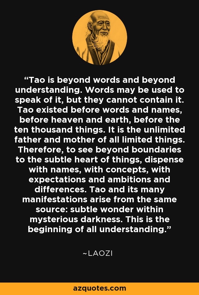 Tao is beyond words and beyond understanding. Words may be used to speak of it, but they cannot contain it. Tao existed before words and names, before heaven and earth, before the ten thousand things. It is the unlimited father and mother of all limited things. Therefore, to see beyond boundaries to the subtle heart of things, dispense with names, with concepts, with expectations and ambitions and differences. Tao and its many manifestations arise from the same source: subtle wonder within mysterious darkness. This is the beginning of all understanding. - Laozi