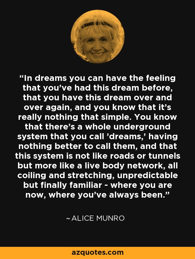 In dreams you can have the feeling that you've had this dream before, that you have this dream over and over again, and you know that it's really nothing that simple. You know that there's a whole underground system that you call 'dreams,' having nothing better to call them, and that this system is not like roads or tunnels but more like a live body network, all coiling and stretching, unpredictable but finally familiar - where you are now, where you've always been. - Alice Munro