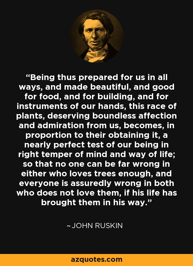 Being thus prepared for us in all ways, and made beautiful, and good for food, and for building, and for instruments of our hands, this race of plants, deserving boundless affection and admiration from us, becomes, in proportion to their obtaining it, a nearly perfect test of our being in right temper of mind and way of life; so that no one can be far wrong in either who loves trees enough, and everyone is assuredly wrong in both who does not love them, if his life has brought them in his way. - John Ruskin