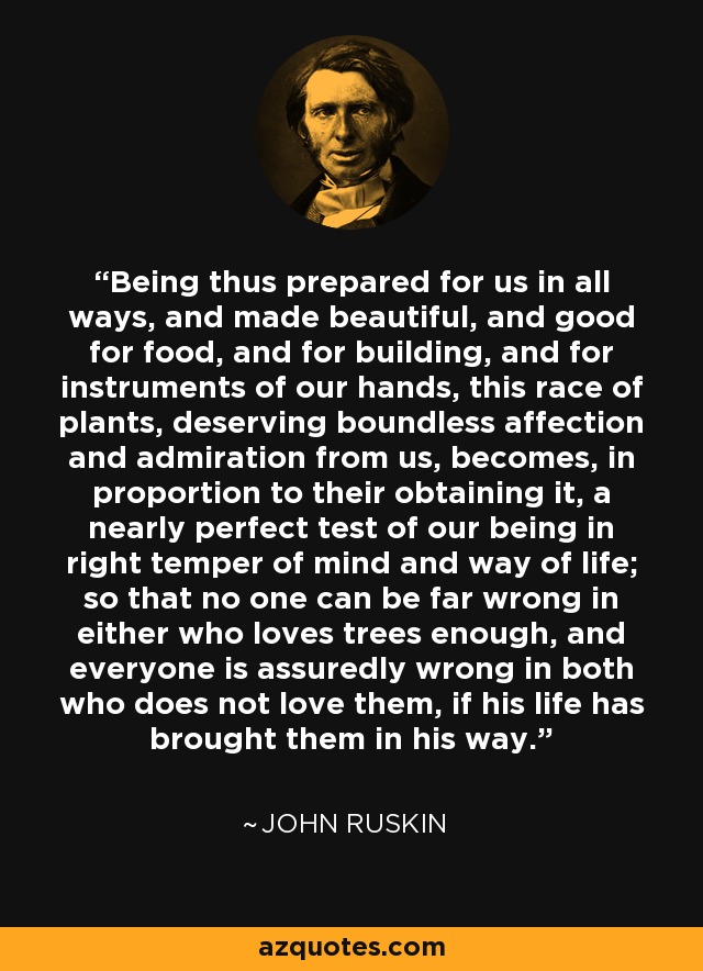 Being thus prepared for us in all ways, and made beautiful, and good for food, and for building, and for instruments of our hands, this race of plants, deserving boundless affection and admiration from us, becomes, in proportion to their obtaining it, a nearly perfect test of our being in right temper of mind and way of life; so that no one can be far wrong in either who loves trees enough, and everyone is assuredly wrong in both who does not love them, if his life has brought them in his way. - John Ruskin