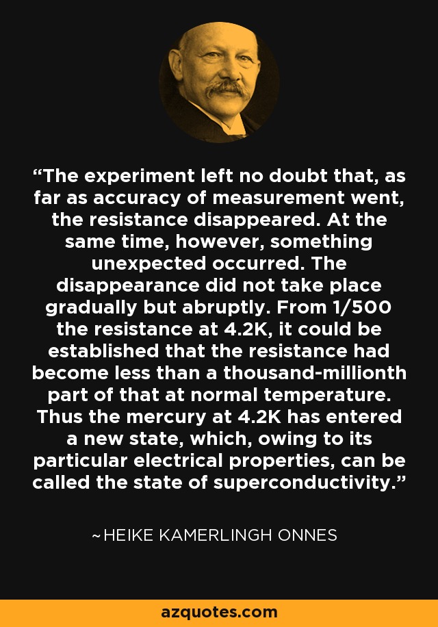 The experiment left no doubt that, as far as accuracy of measurement went, the resistance disappeared. At the same time, however, something unexpected occurred. The disappearance did not take place gradually but abruptly. From 1/500 the resistance at 4.2K, it could be established that the resistance had become less than a thousand-millionth part of that at normal temperature. Thus the mercury at 4.2K has entered a new state, which, owing to its particular electrical properties, can be called the state of superconductivity. - Heike Kamerlingh Onnes