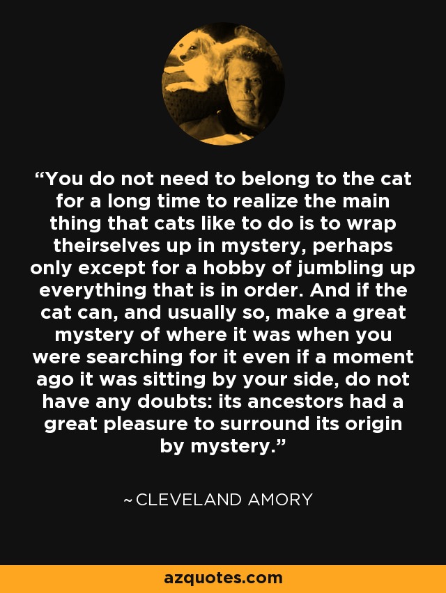 You do not need to belong to the cat for a long time to realize the main thing that cats like to do is to wrap theirselves up in mystery, perhaps only except for a hobby of jumbling up everything that is in order. And if the cat can, and usually so, make a great mystery of where it was when you were searching for it even if a moment ago it was sitting by your side, do not have any doubts: its ancestors had a great pleasure to surround its origin by mystery. - Cleveland Amory