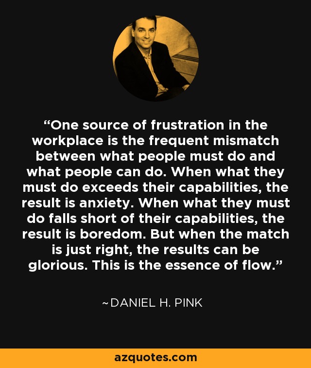 One source of frustration in the workplace is the frequent mismatch between what people must do and what people can do. When what they must do exceeds their capabilities, the result is anxiety. When what they must do falls short of their capabilities, the result is boredom. But when the match is just right, the results can be glorious. This is the essence of flow. - Daniel H. Pink