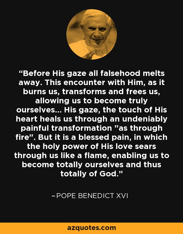 Before His gaze all falsehood melts away. This encounter with Him, as it burns us, transforms and frees us, allowing us to become truly ourselves... His gaze, the touch of His heart heals us through an undeniably painful transformation 