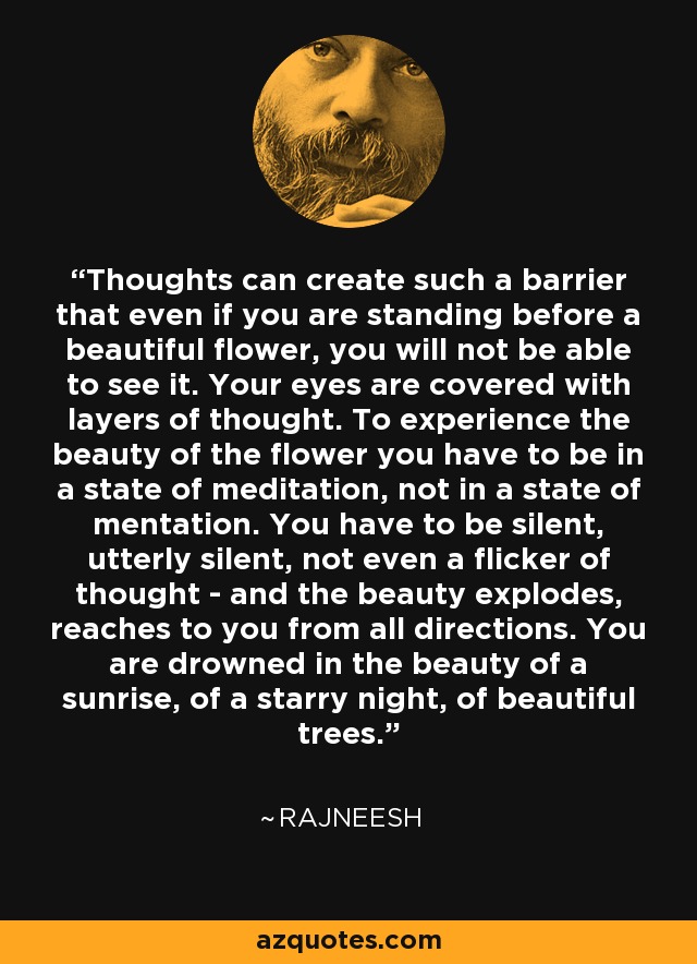 Thoughts can create such a barrier that even if you are standing before a beautiful flower, you will not be able to see it. Your eyes are covered with layers of thought. To experience the beauty of the flower you have to be in a state of meditation, not in a state of mentation. You have to be silent, utterly silent, not even a flicker of thought - and the beauty explodes, reaches to you from all directions. You are drowned in the beauty of a sunrise, of a starry night, of beautiful trees. - Rajneesh