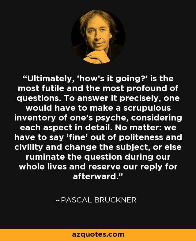 Ultimately, 'how's it going?' is the most futile and the most profound of questions. To answer it precisely, one would have to make a scrupulous inventory of one's psyche, considering each aspect in detail. No matter: we have to say 'fine' out of politeness and civility and change the subject, or else ruminate the question during our whole lives and reserve our reply for afterward. - Pascal Bruckner