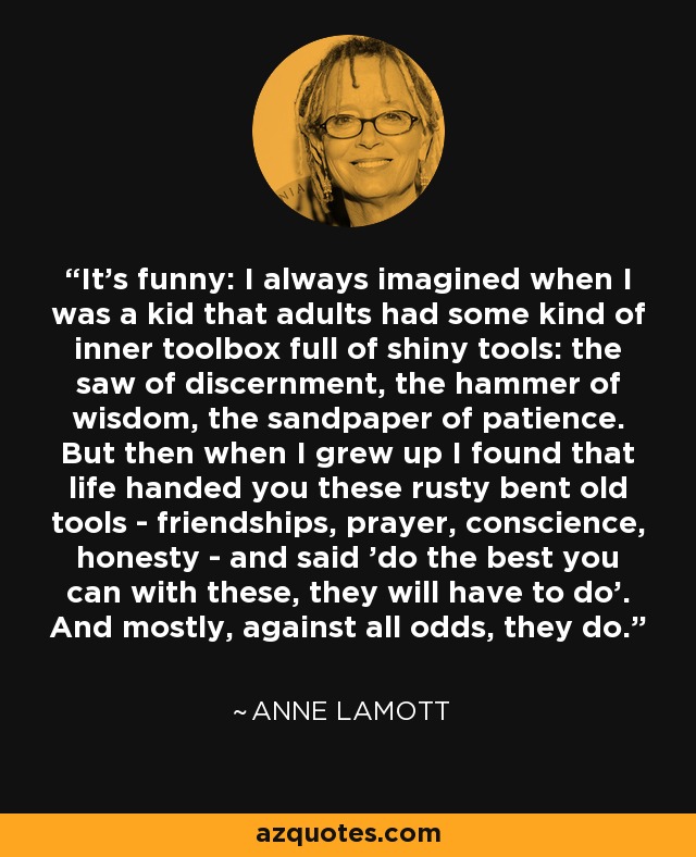 It's funny: I always imagined when I was a kid that adults had some kind of inner toolbox full of shiny tools: the saw of discernment, the hammer of wisdom, the sandpaper of patience. But then when I grew up I found that life handed you these rusty bent old tools - friendships, prayer, conscience, honesty - and said 'do the best you can with these, they will have to do'. And mostly, against all odds, they do. - Anne Lamott