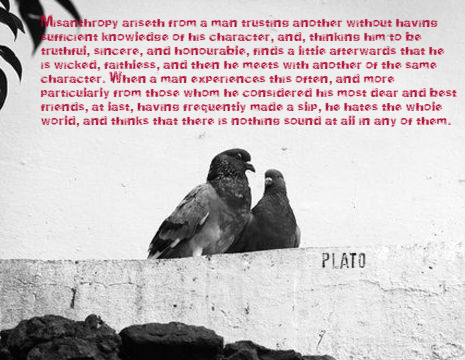 Misanthropy ariseth from a man trusting another without having sufficient knowledge of his character, and, thinking him to be truthful, sincere, and honourable, finds a little afterwards that he is wicked, faithless, and then he meets with another of the same character. When a man experiences this often, and more particularly from those whom he considered his most dear and best friends, at last, having frequently made a slip, he hates the whole world, and thinks that there is nothing sound at all in any of them. - Plato