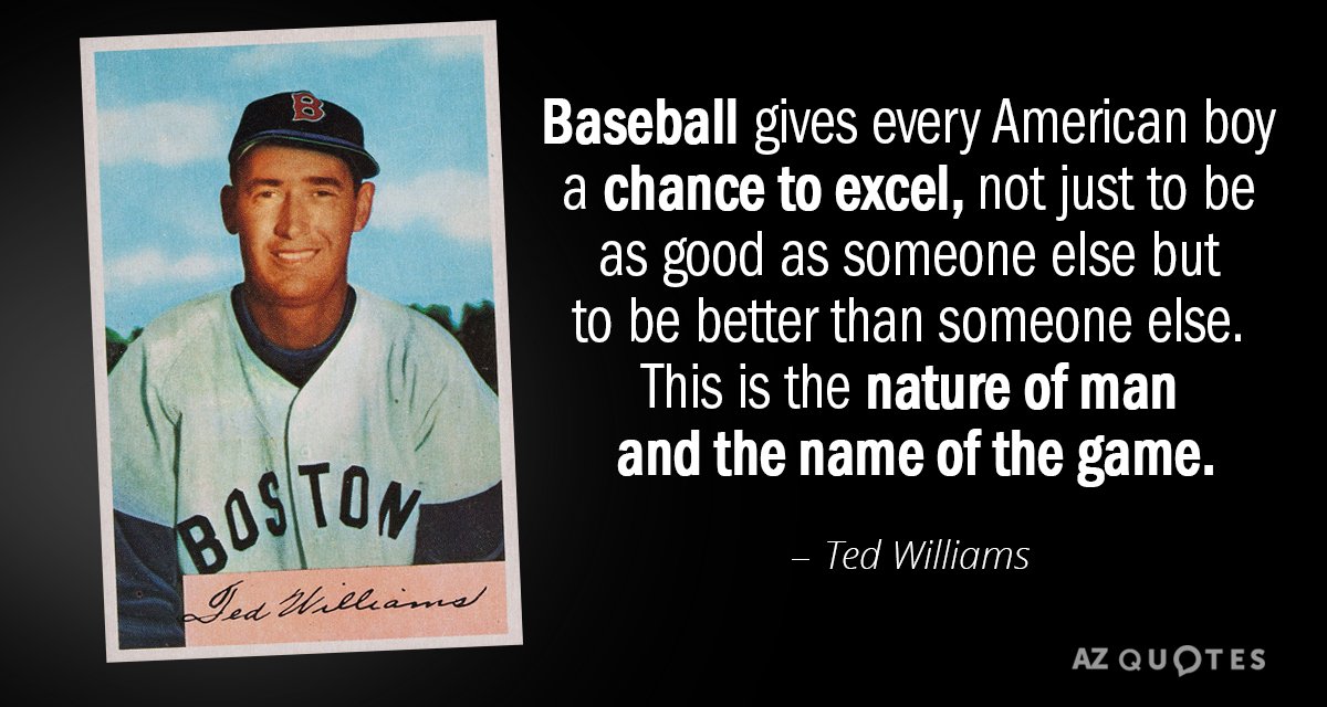 Ted Williams quote: Baseball gives every American boy a chance to excel, not just to be...