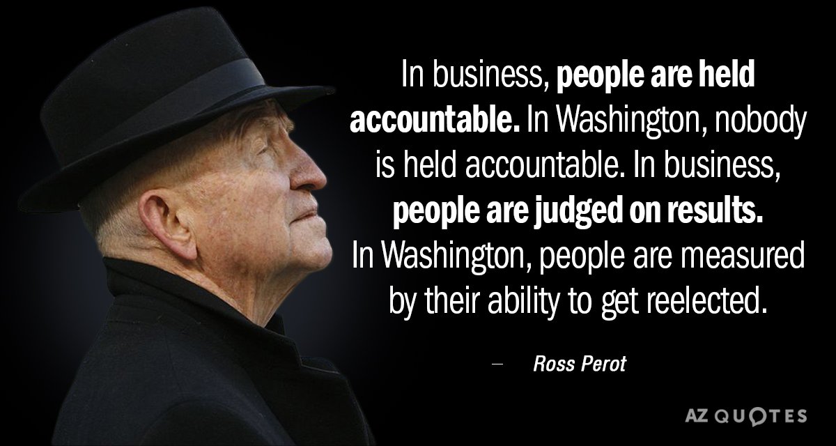 Ross Perot quote: In business, people are held accountable. In Washington, nobody is held accountable. In...