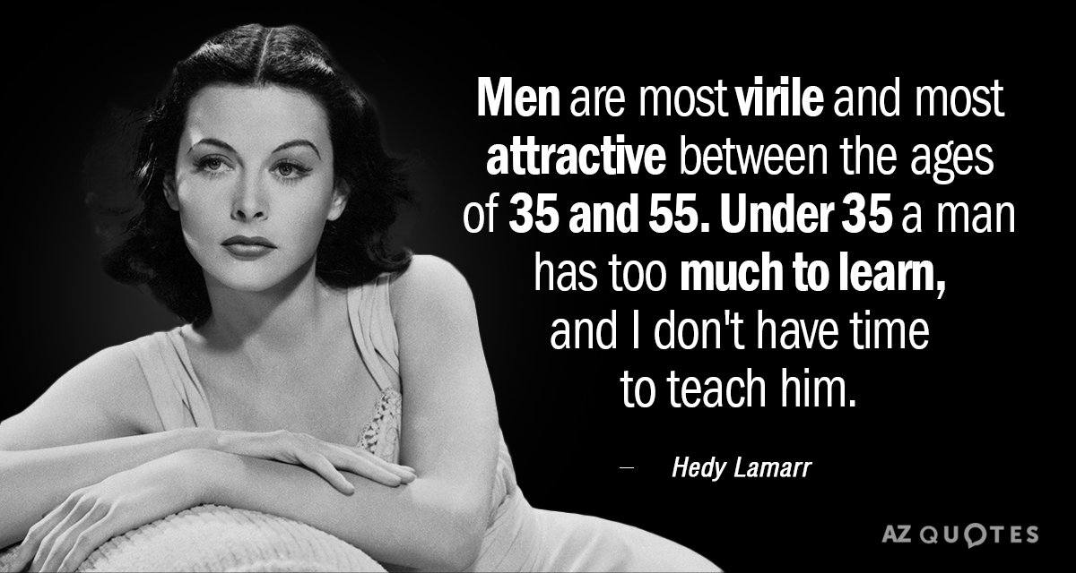 Hedy Lamarr quote: Men are most virile and most attractive between the ages of 35 and...
