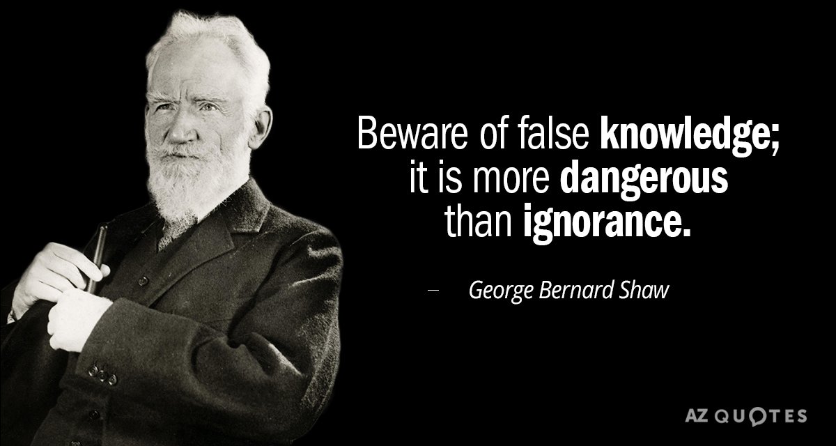 George Bernard Shaw quote: Beware of false knowledge; it is more dangerous than ignorance.