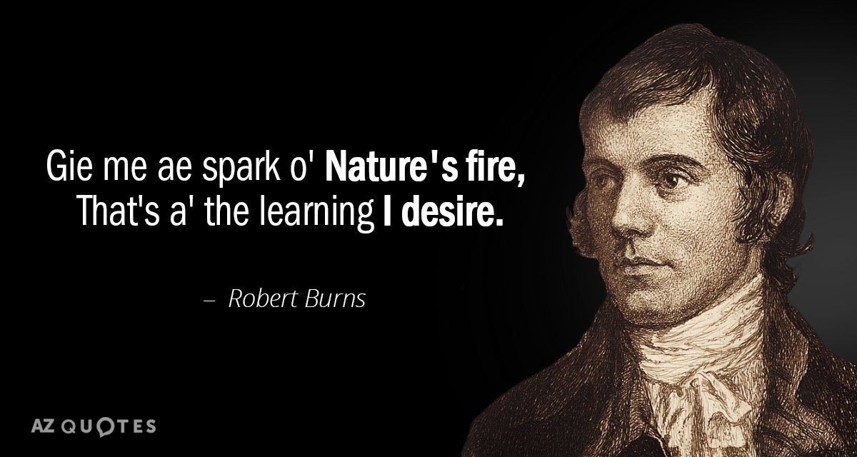 Robert Burns quote: Gie me ae spark o' Nature's fire,
That's a' the learning I desire.