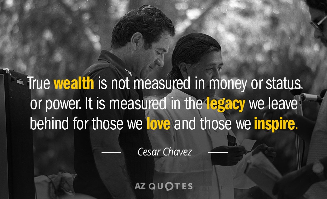 Cesar Chavez quote: True wealth is not measured in money or status or power. It is...