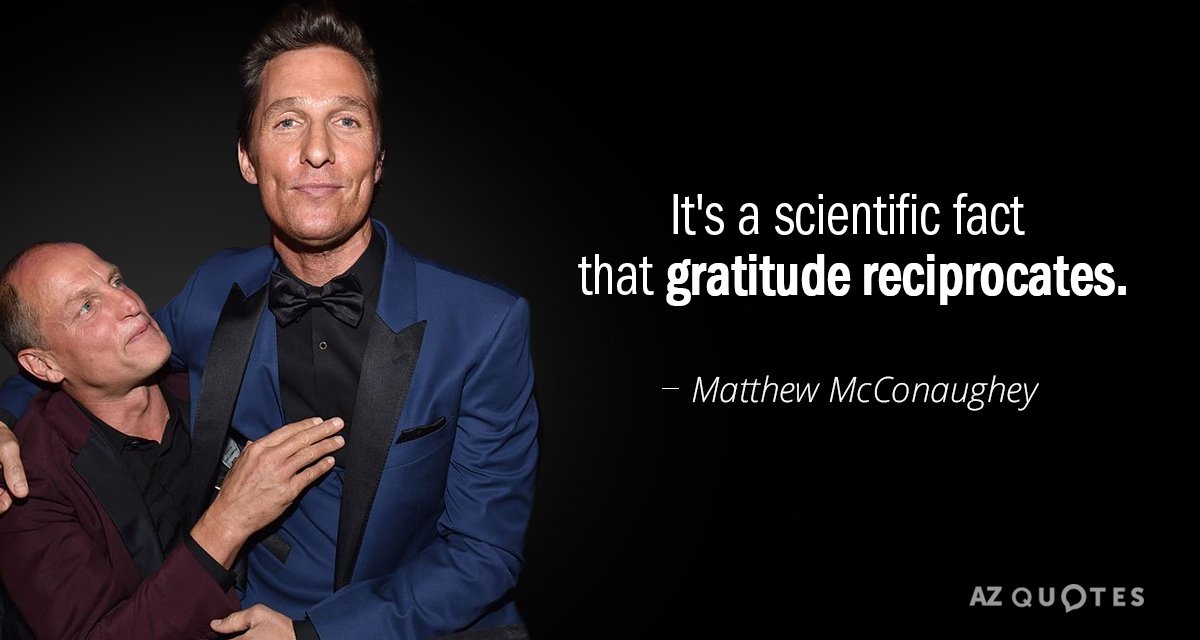 Matthew McConaughey quote: It's a scientific fact that gratitude reciprocates.